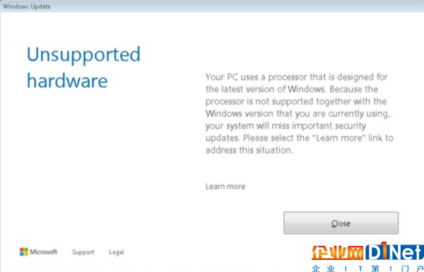 使用最新CPU的用户在升级旧版Windows时会收到兼容性提示