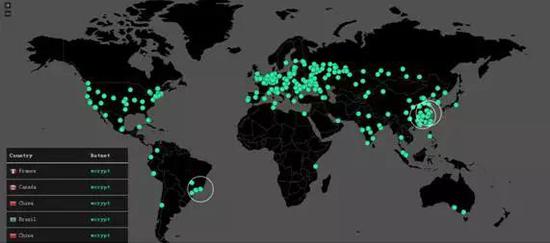 世界各地感染WannaCry的实时监控图，图片来自网络