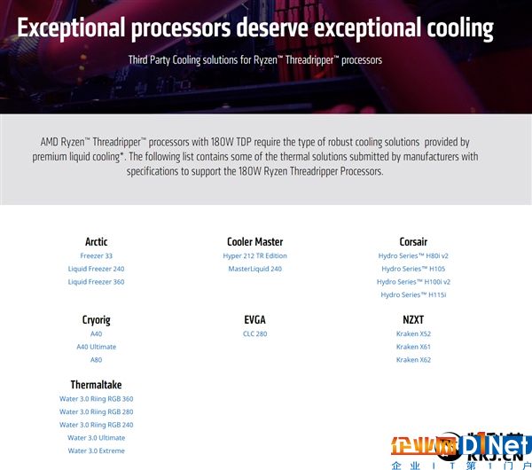 AMD 16核心功耗达180W：官方推荐21款水冷散热器