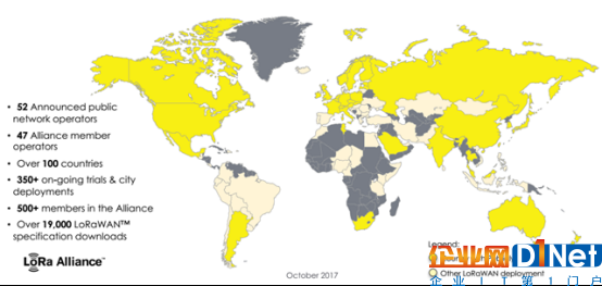 图：LoRa网络的全球覆盖情况。