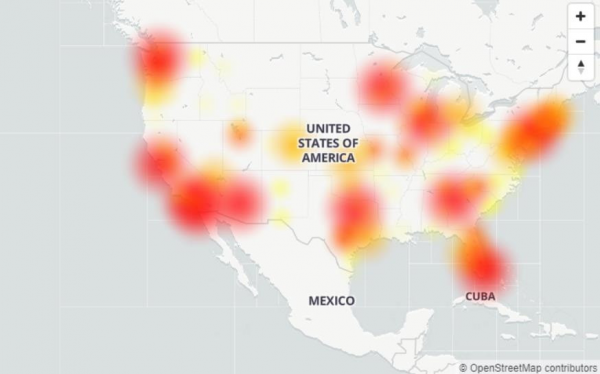 图：DownDetector 网站上截至本周一晚 T-Mobile 用户在全美范围内的断网情况