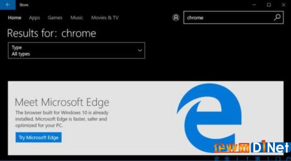 在微软商店搜索Chrome被推荐Edge