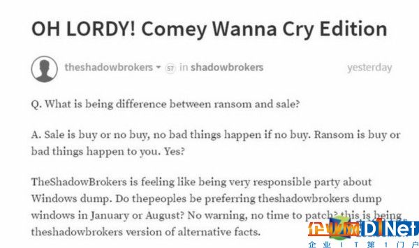 Shadow Brokers扬言兜售新漏洞攻击工具 
