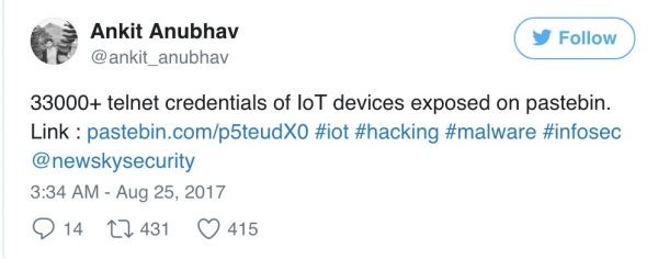 逾 1700 台 IoT 设备的有效 Telnet 凭据在线泄漏，61％ IP 位于中国-E安全