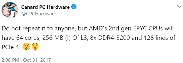 AMD第二代EPYC处理器曝光：64核、支持PCIe 4.0