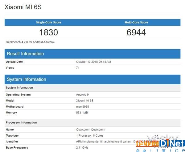 小米6S现身跑分网站，竟搭载高通骁龙835芯片