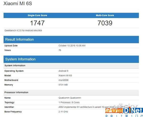 小米6S现身跑分网站，竟搭载高通骁龙835芯片